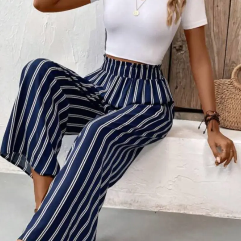 Women's Striped Print Wide Leg Pants, Elegant Comfy Casual Trousers for Daily Wear, Ladies for All Seasons Clothing