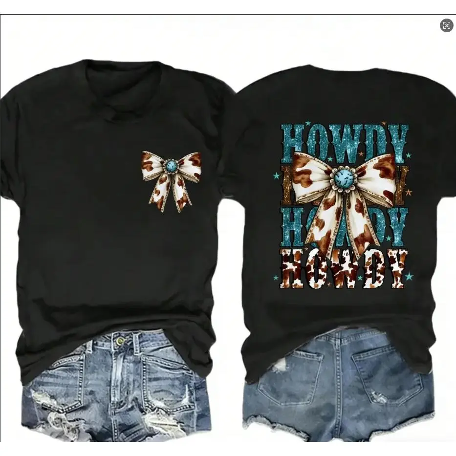 Women's Western Turquoise Bow Printed Round Neck Short Sleeve T-Shirt, Gifts For Mom, Western Cowgirl T-Shirt