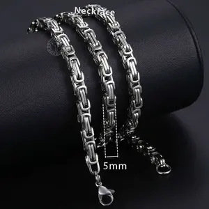 Hermah 5mm Silver Color Stainless Steel Box Byzantine Chain Necklace 18-30" for Men Women Link Jewelry Gift