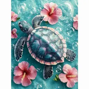 5D Full Drill Diamond Painting Kit - Sea Turtle with Pink Hibiscus Flowers in Turquoise Water, Round Acrylic Diamonds, DIY Art for Home Wall Decor, Ideal Gift for Ocean & Craft Enthusiasts