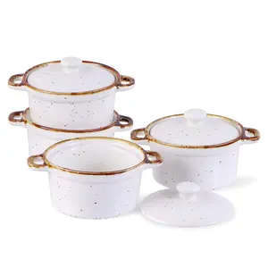 ONEMORE Ramekins with Lids,12 oz Ceramic Small Casserole Dish with Handles & Brown Rim for Baking Soup, Specked Oven Safe Mini Dutch Oven Rustic Cocotte Set of 4 for Individual Serving, Creamy White