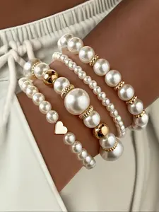 Elegant Vintage Minimalist Women's Ccb Faux Pearl Beaded Elastic Bracelets Jewelry Set, Heart Design, Perfect for Daily Wear, Gifts, Parties