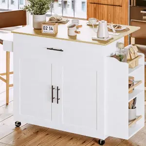 Kitchen Island with Storage, Rolling Kitchen Island on Wheels, Charging Station, 3 Open Spice Rack, Cabinet, Drawer & Drop Leaf Top