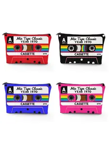Vintage 1970s Mix Tape Cosmetic Bag, /Red-Black-Blue-Pink  /Retro Rainbow Zipper Pouch, Makeup Organizer Pouch, Y2K Style, Perfect Gift for All Season，head-turning style!