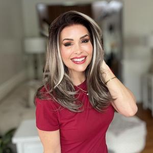 A02 by AISOM Free Part Brunette Blonde Highlight 13*4 Lace Front Wig 18 Inches Low Density Layered Glueless Wig for Women Daily Use