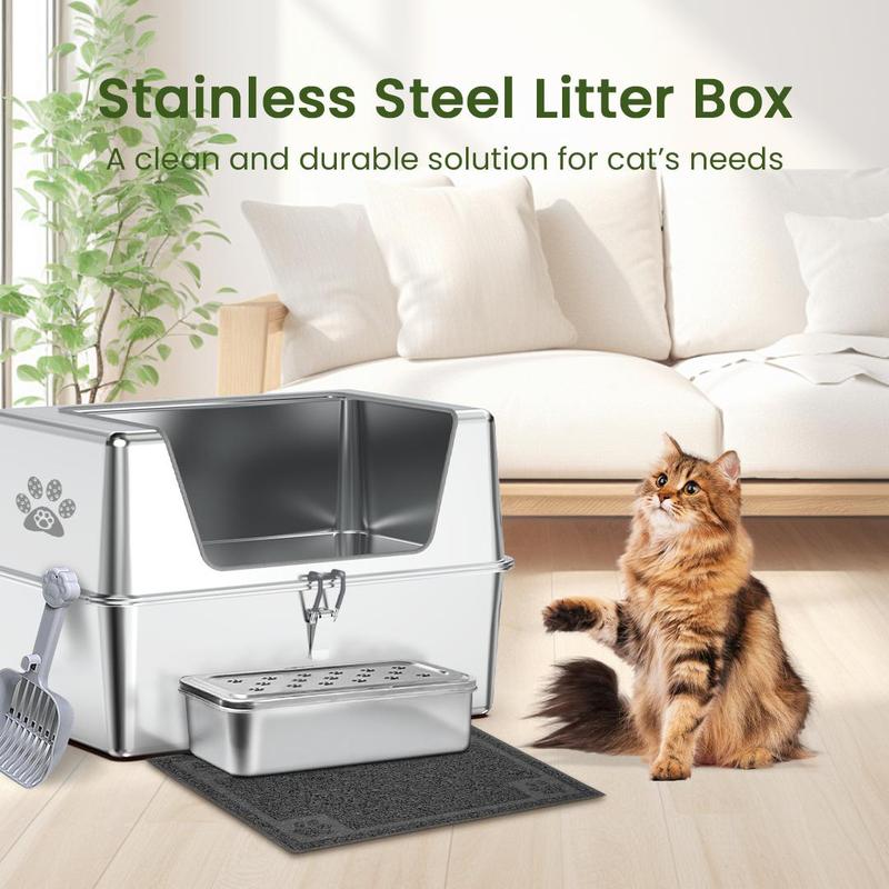 PTLOM Stainless Steel Cat Litter Box High Side, No Lid Large Space, Splash-proof Non-stick Cat Pet Supplies