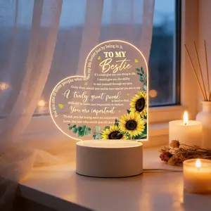 Sunflower Heart Acrylic Night Light, To My Bestie Friendship Gift Lamp, Warm LED Desktop Bedside Lamp, Sentimental Best Friend Birthday Gift for Women Bestie BFF, Cute Romantic Bedroom Desk Decor Lamp