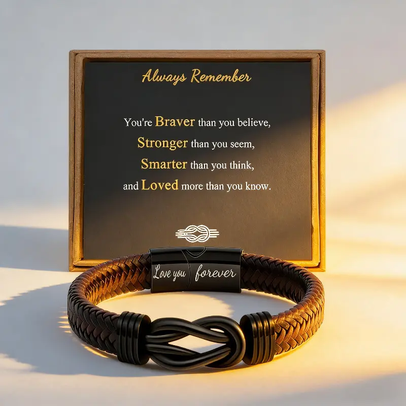 Braided Leather Magnetic Clasp Bracelet, 1-Set "Love You Forever" Lettering Personalized Costume Jewelry Gift for Him, Birthday & Anniversary Present, Bracelet For Boyfriend, Pu Leather, Braided Strap, 8.26-Inch, Bracelets, Always Remember + Card
