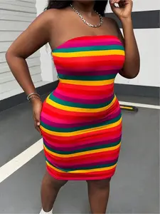 【Plus Size】 Rainbow Stripe Print Tube Dress, Casual Fashion Strapless Sleeveless Dress for Daily Outdoor Wear, Women Plus Clothing for Summer