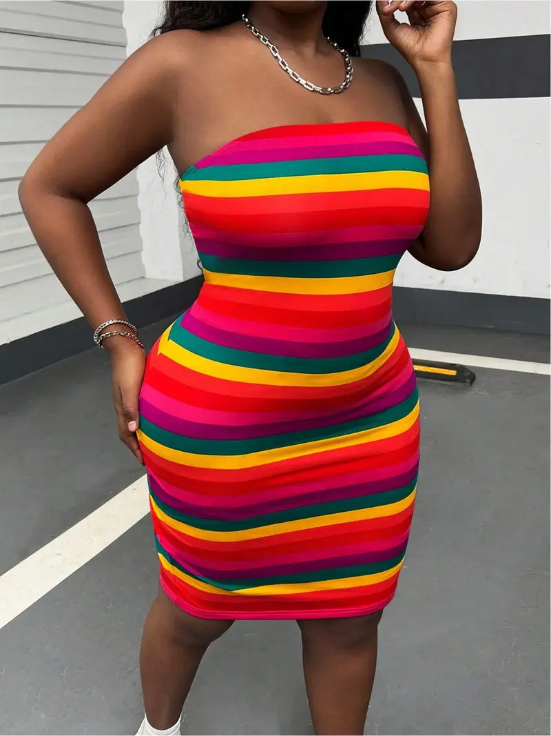【Plus Size】 Rainbow Stripe Print Tube Dress, Casual Fashion Strapless Dress for Daily Outdoor Wear, Women Plus Clothing for Summer