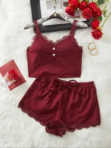 Luxury Women's Ribbed Lace Pajama Set, Lingerie Set, Sexy V Neck Backless Top & Shorts, Soft Comfortable Fashion Button Details, 2 Piece Set