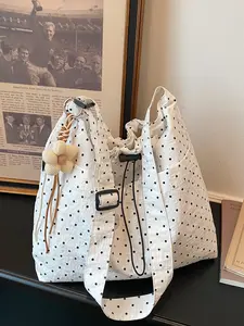 Polka Dot Drawstring Canvas Bag, Casual Versatile Tote Bag, Large Commuter Backpack for Students and Office Workers, Trendy Everyday Accessory