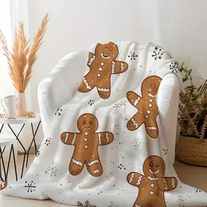 1Pc White Cute Gingerbread For Man Snowflake Pattern - Super Soft Printed Christmas Gift Blanket - Suitable For Bedroom And Living Room Room Decorative Blanket - Ideal Christmas Gift For Family Members