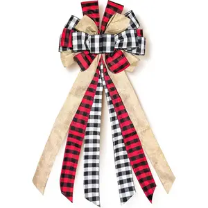 Large Christmas Tree Topper 13 x 30 Inch Red and Black Burlap Buffalo Plaid Bow Rustic Farmhouse Holiday Decoration for Wreaths, Garlands, Front Door, and Outdoor Decor
