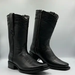 CEDRO NEGRO Men's Black Leather Cowboy Boots with Embossed Design and Zipper Closure for Western Style