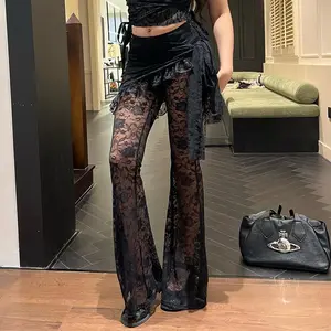 CF24120AHO – Halloween Party Wear, Autumn Women’s Floral Lace Bell-Bottom Pants, Asymmetrical Wrap Style, Casual & Party Long Pants