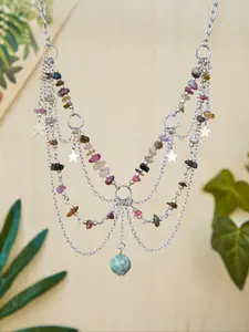 Vintage Creative Irregular Crystal Turquoise Beaded Multi-Layer Statement Necklace, Bohemian Style Star Moon Tassel Pendant Jewelry for Women