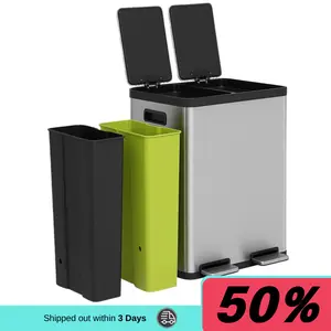 60 Liter 16 Gallon Rectangular Hands-Free Dual Compartment Recycling Kitchen Step Trash Can with Soft-Close Lid Brushed Stainless Steel Garbage and Recycling Can