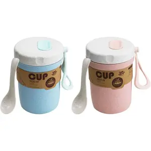 2PCS Wheat Straw Tableware Soup Tumbler (300ml) - Portable Microwaveable Breakfast Cup with Silicone Lid, Cover & Spoon, Porridge Lunch Box for Office, Outdoor Use