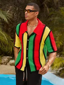 Men's Casual Loose Knit Sweater, Colorblock Button Front Short Sleeve, Spring & Fall Fashion, Perfect for Couples'