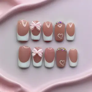 10 PCS Handmade French Press On Nails Kit, Medium Square Glossy Reusable Full Cover False Nails with Salon Quality for Gift & Party, Acrylic Fake Nails