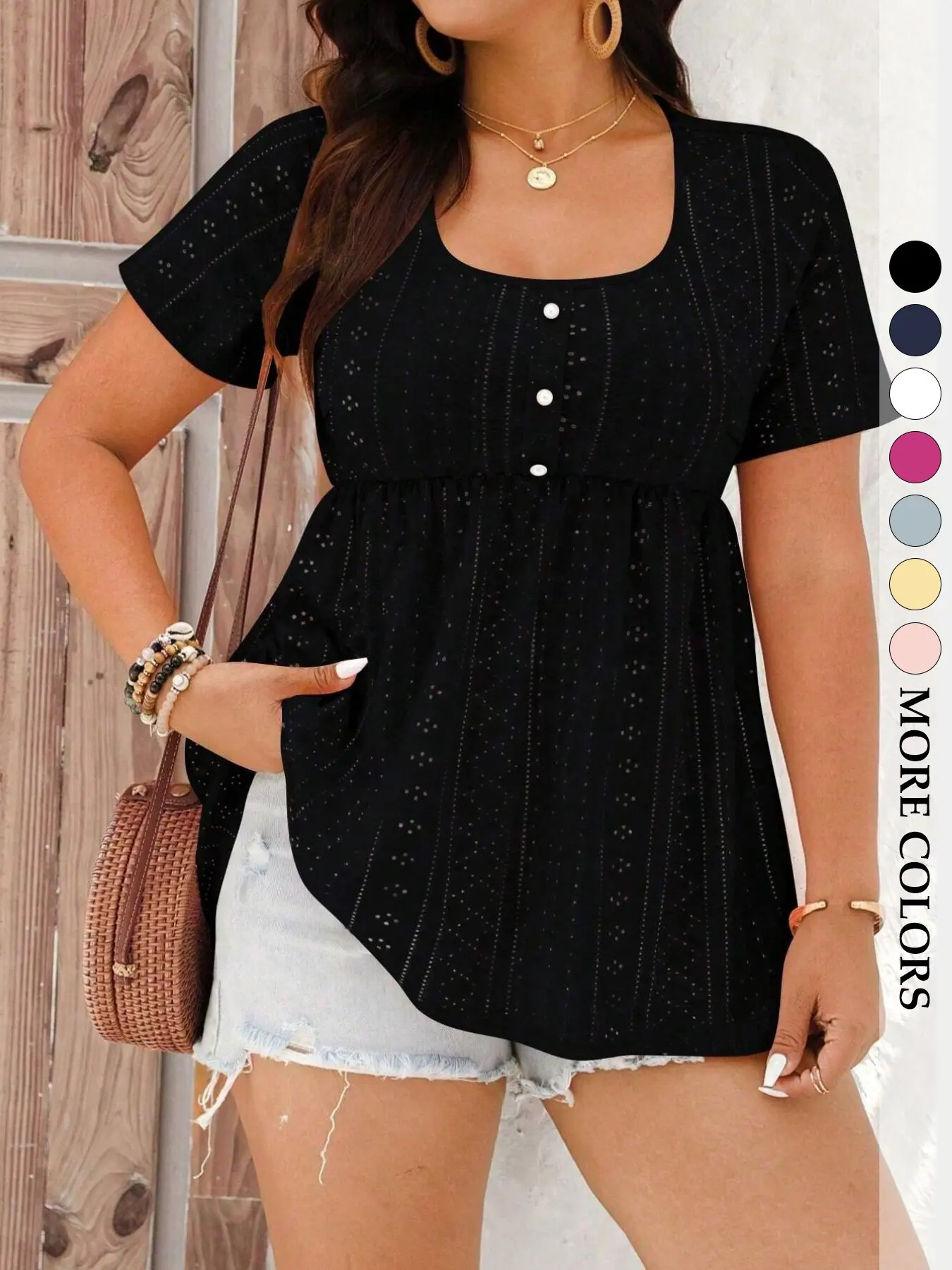 Women's Plus Size Eyelet Babydoll Shirts Peplum Top Short Sleeve Scoop Neck Pearl Button Casual Feminine Aesthetic Blouse Flowy Tummy Control Boho Trendy Bohemian Womenswear Fit Chic Boho Fashion Top