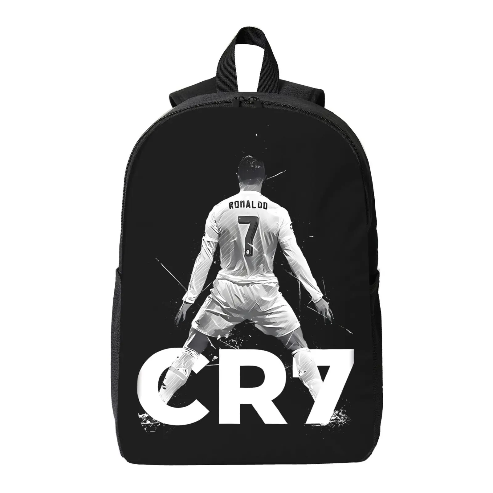 CR7 Ronaldo Backpack - Lightweight Durable PVC with Adjustable Straps & Zipper Closure, Black & White Dynamic Soccer Print for Teens & Adults, Sports & Casual Use