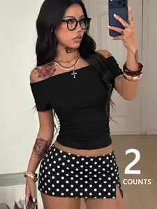 Women's Casual Two-Piece Set, Asymmetrical Neck Short Sleeve Crop Top & Polka Dot Skirt, Comfortable Daily Wear, Fashion Design, Casual Outfits Women
