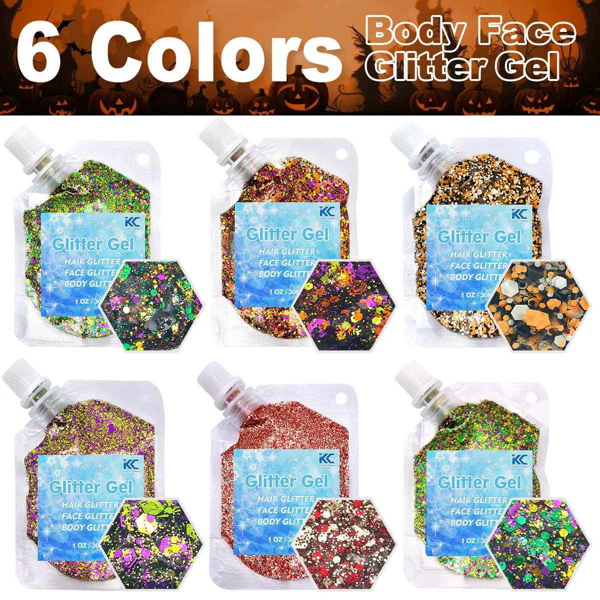 6-Colors Face Glitter Gel Festival Makeup Series Set 1oz Per Bag Hair Nail Art Supplies Gel Nail Polish for Nail Decorations Lip Gloss Body Painting Crazy Multiple Uses