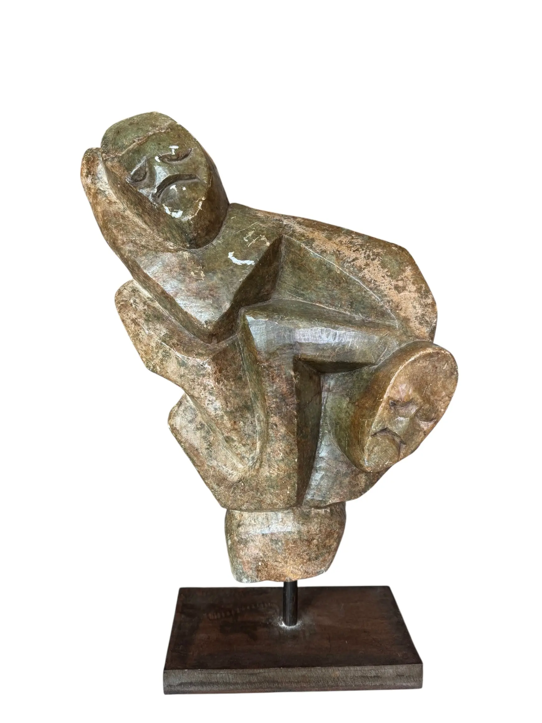 Mid Century African Carved Soapstone Figural Shona Sculpture on Iron Stand