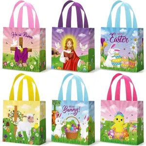 12 Pcs Easter Gift Bags Bulk Reusable Christian Easter Tote Bags with Handles Bunny Eggs Cross Bible Non Woven Holiday Goodie Basket for Egg Hunt Game Party Favors Assortment, 7.8 x 7.8 x 3.5 Inch