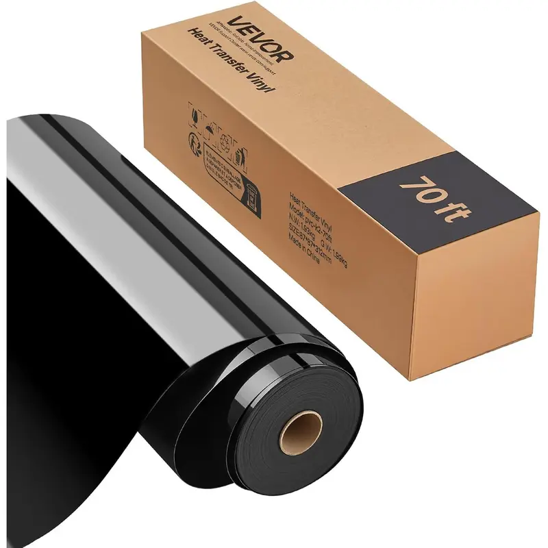 VEVOR Heat Transfer Vinyl, 12 in x 70 ft, Glossy Black HTV Iron on Vinyl Roll, Easy to Cut and Weed, Strong Adhesion, Compatible with Cutting Machines, for Various Materials, T-Shirts, Pillows, Hats