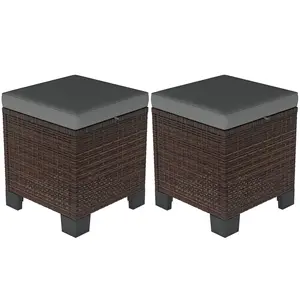 Outsunny 2 Pieces Outdoor Patio Ottomans, All Weather Wicker Footstools with Removable Cushions, 3-in-1 PE Rattan Ottoman Seat, Footrest and Side Table for Backyard, Poolside