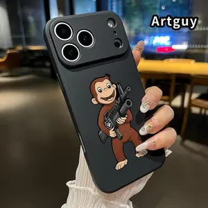 C-urious George Machine Gun Monkey Pattern Phone Case,For iPhone 17/16/15/14/13/12/11/Pro/ProMax/Plus/17Air,Drop Matte Shockproof Soft Black Cover,Gift for Christmas Birthday,Friend or Yourself