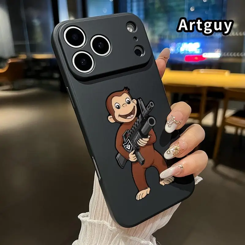 C-urious George Machine Gun Monkey Pattern Phone Case,For iPhone 17/16/15/14/13/12/11/Pro/ProMax/Plus/17Air,Drop Matte Shockproof Soft Black Cover,Gift for Christmas Birthday,Friend or Yourself