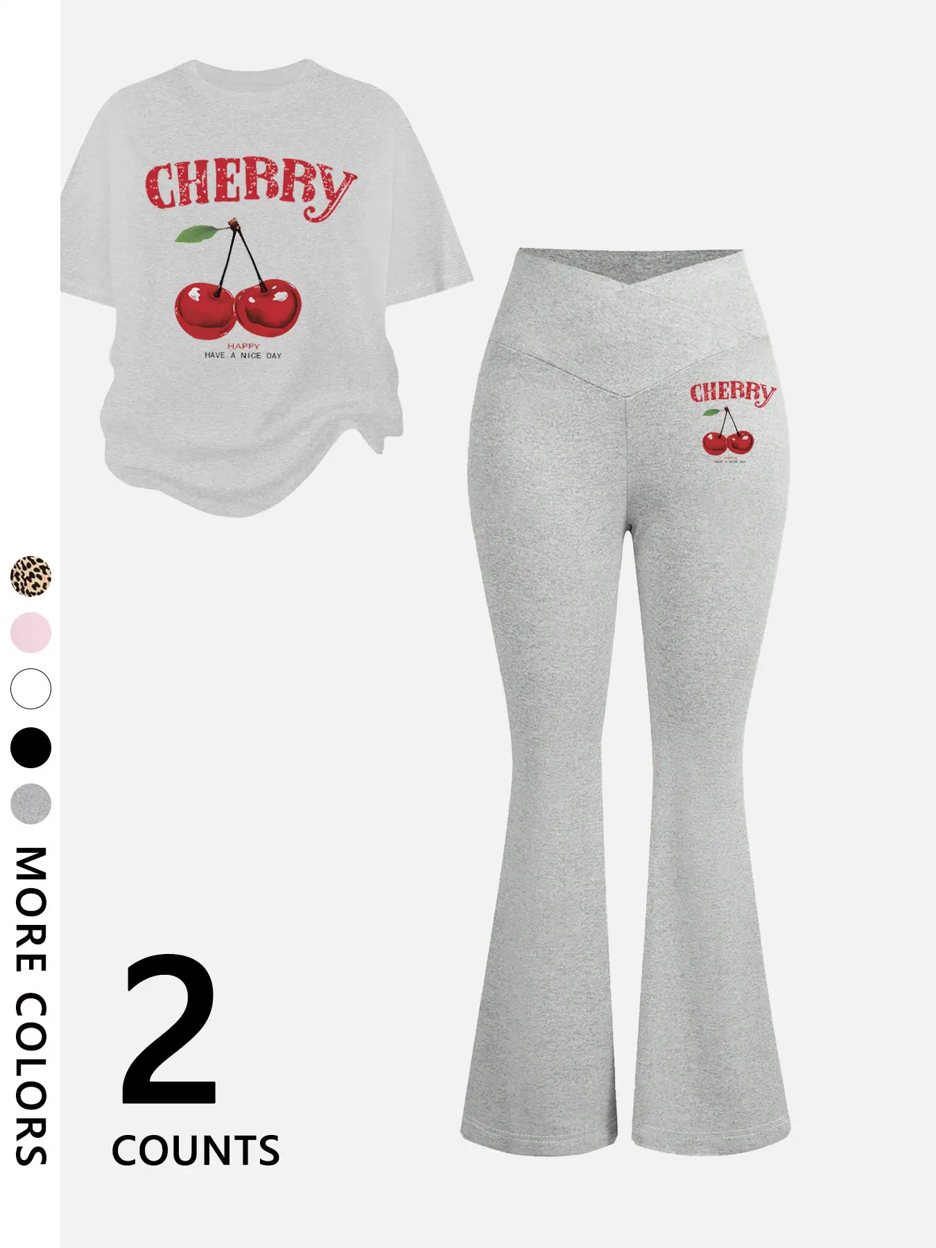 Two-Piece Set Outfit Women's Cherry Print Tee & Flared Leg Pants, Casual Fashion Cozy Top & Bell Bottom Trousers for Daily Outdoor Wear, Ladies Clothes for Summer, Suits