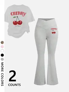 Two-Piece Set Outfit Women's Cherry Print Tee & Flared Leg Pants, Casual Fashion Cozy Top & Bell Bottom Trousers for Daily Outdoor Wear, Ladies Clothes for Summer, Suits