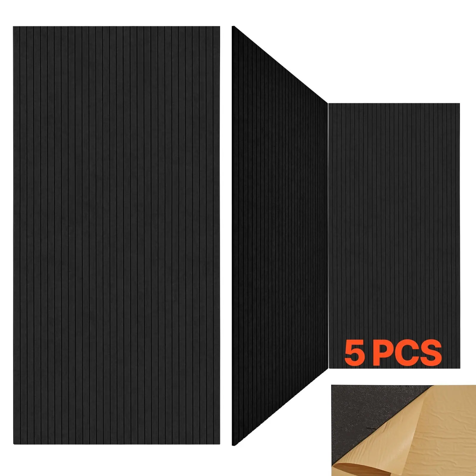Five-Pack Acoustic Wall Panels 47.2 x 23.6 x 0.4 Inches Self-Adhesive Black For Home Studio, Office, Or Living Room - Easy Peel-And-Stick Installation, Sound Absorption, Noise Reduction, Echo Control, Durable Construction