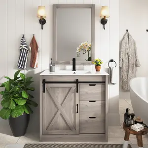 36"/24" Farmhouse Bathroom Vanity with Sink, Faucet & Mirror, Space-Saving Vanity Cabinet with Sliding Barn Door & Drawers, Single Sink Bathroom Vanity for Small Spaces