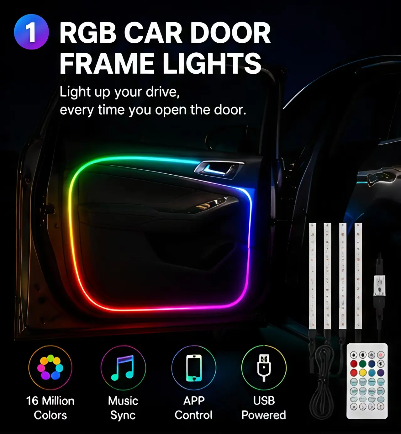Car Interior LED Ambient Door Frame Lighting Kit for 4-Door Vehicles - RGB 4-in-1, 16M Colors, Wireless APP & Remote Control, Sound Active Function, Complete Decoration Accessory, Car Accessories