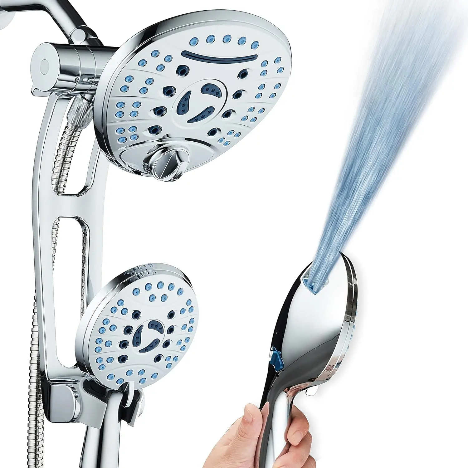 AquaCare As-Seen-On-TV High  Handheld/Rain 80-mode 3-way Shower  Combo with Adjustable Arm - Anti-clog Nozzles, Tub & Pet Power Wash, 6 ft. Hose, All Chrome Finish