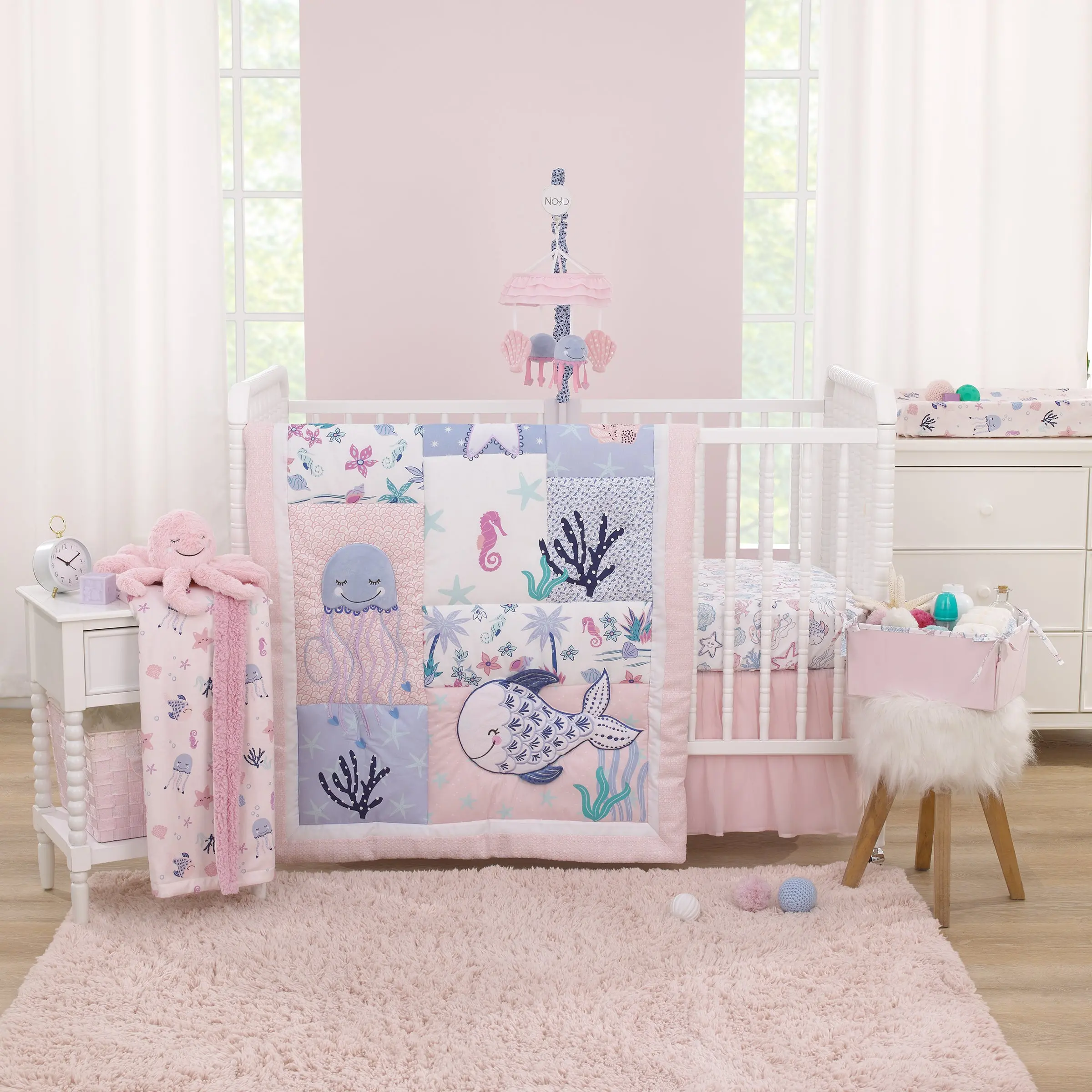 Mermaid Lagoon Pink, Blue and White Undersea Friends, Fish, Coral, Jellyfish and Starfish 4 Piece Nursery Crib Bedding Set - Comforter, 100% Cotton Fitted Crib Sheet, Crib Skirt, and Storage Caddy