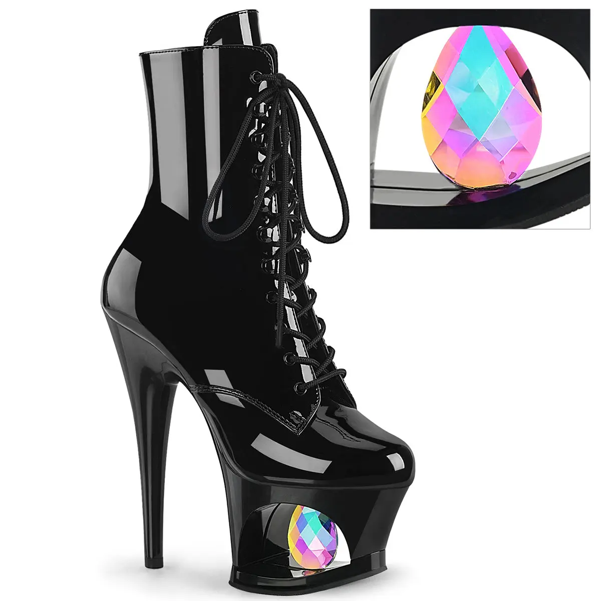 Women's Fashion 7 in Lace Platform Ankle Boots - Glossy Black Patent Leather Heels with Zip, Crystal & Iridescent Faceted Teardrop Prisms, MOON-1020DIA Footwear, Glossy Shine, Peep Toe, Stage Wear, Party, Sparkly Platform Heels Wedges & Flatform