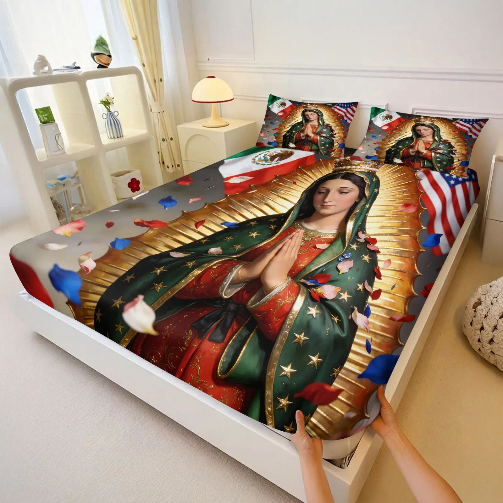Our Lady of Guadalupe Fitted Sheet Sets,Mexican & US Flag Print Bed Sheet Sets,Includes 1 Fitted Sheet & 2 Pillowcases,Sacred Religious Pattern with Colorful Petals,Soft Breathable Bedding for Bedroom Dorm,Ideal Gift for Latino Catholic Faithful
