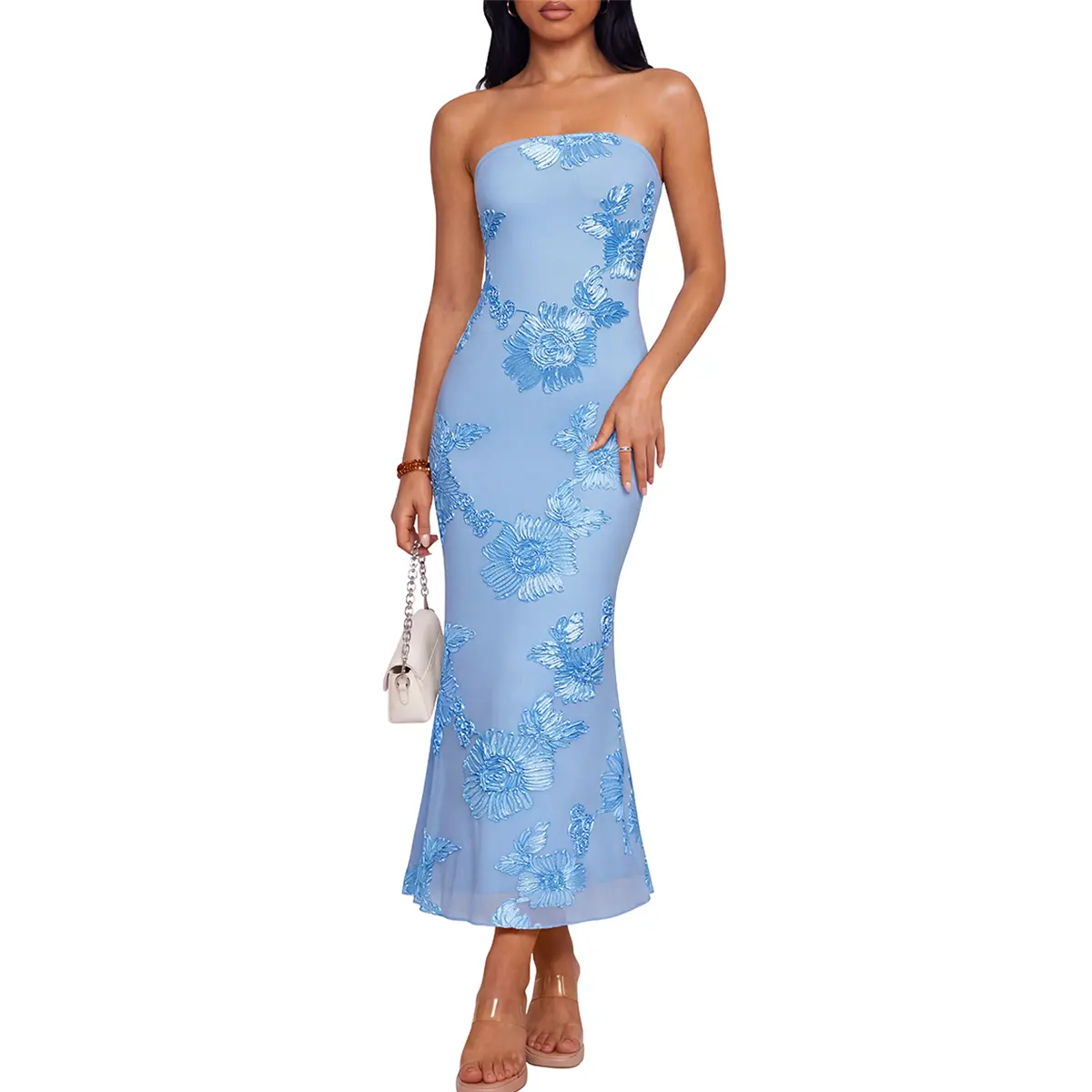 OYV Women's Strapless 3D Floral Mesh Bodycon Midi Elegant Sleeveless Tube Top Summer Dress for Cocktail Wedding Guest Bridesmaid and Formal Occasions