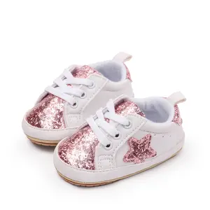 Ma&Baby Baby Sneakers Contrast Color Sequins Shoelace Soft Sole Non-Slip Infant First Walking Shoes for Spring Fall 0-18 M