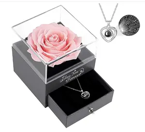 Vanleonet Gift for Her,Birthday Gifts for Women Mom Wife Grandma, Preserved Real Rose with Heart Necklace I Love You in 100 Languages Gift Set