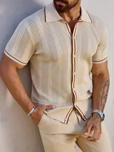 Men's Striped Trim Button Front Short Sleeve Cardigan, Regular Fit Casual Breathable Knitwear for Summer, Fashion Men's Knit Clothing for Daily Wear, Tops