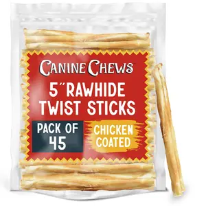 Canine Chews 5" Chicken Coated Sticks - Pack of 45 Chicken Wrapped Rawhide Dog Treats - 100% Real USA-Sourced Chicken Coating - Protein-Dense