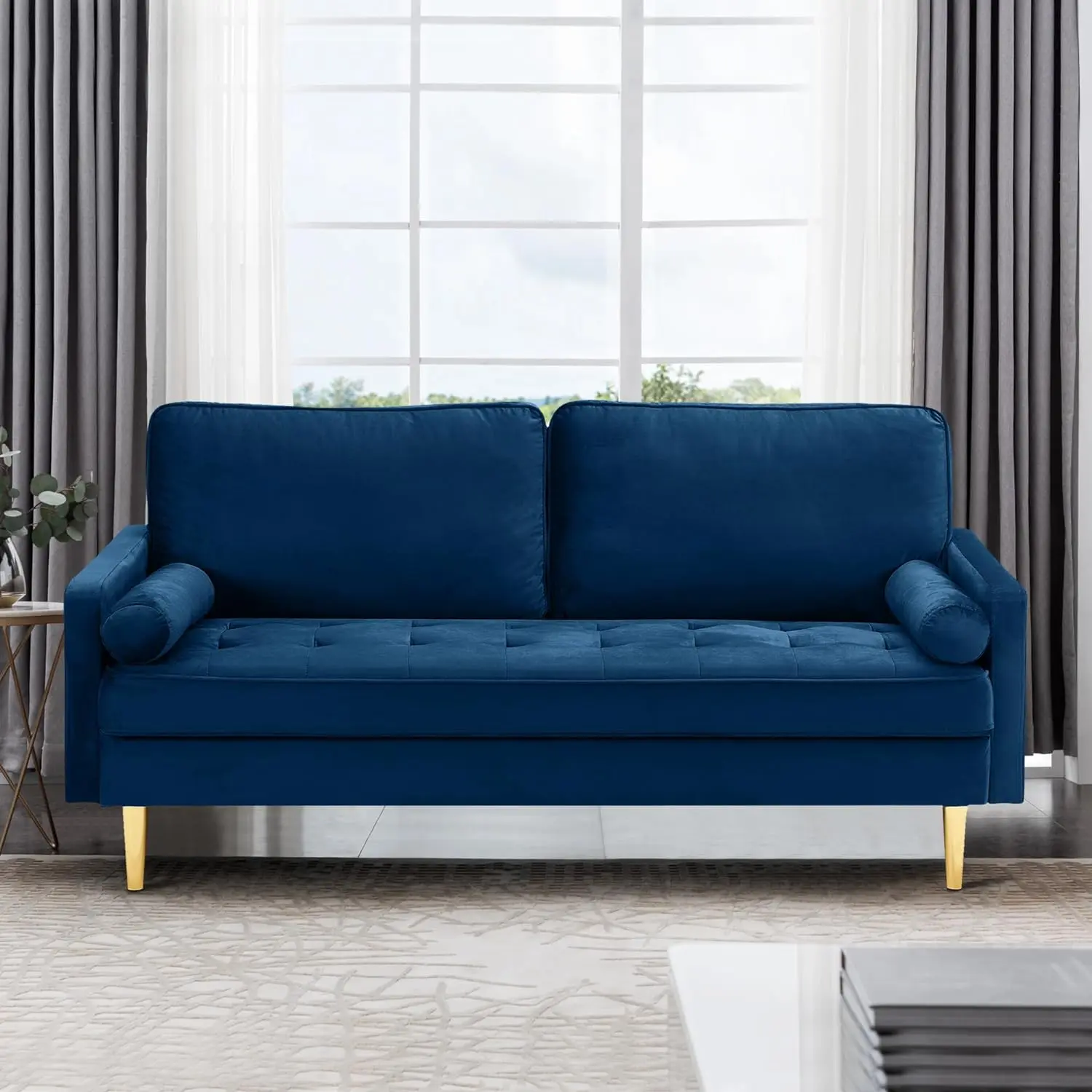 65" Loveseat Sofa, Mid-Century Modern Velvet Couch with Tufted Back, 2-Seater Upholstered Accent Sofa with 2 Pillows & Gold Legs, Navy Blue Small Sofa for Living Room Apartment